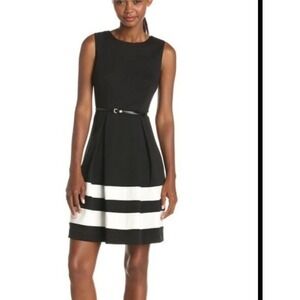Calvin Klein belted career striped hem Dress Women SZ 16W black white office